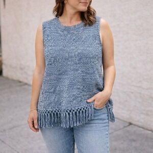Orvis Knit Blue Fringe Boho Sleeveless Cotton Tank Top Size Small Medium